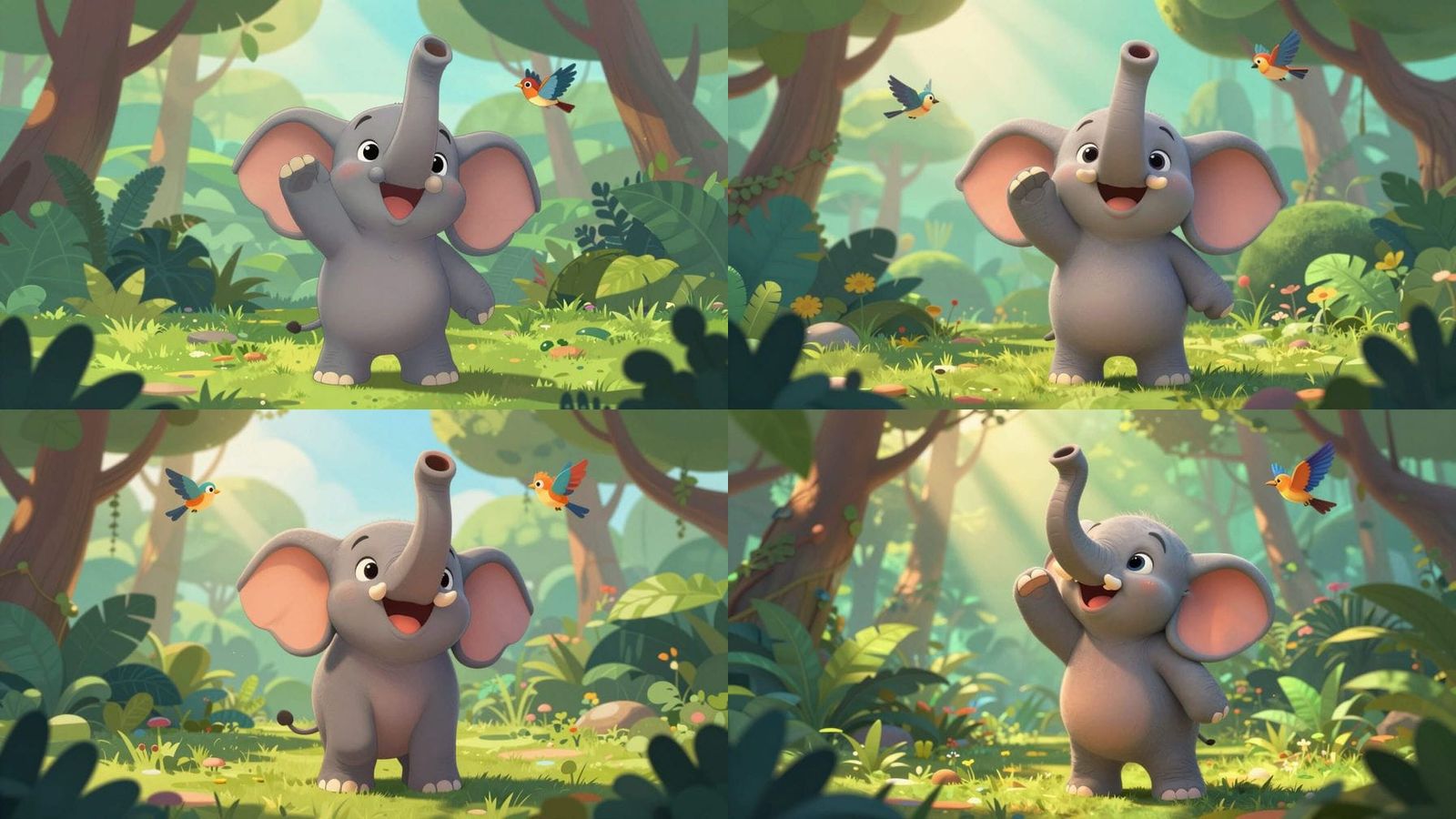 Cute Baby Elephant in Vibrant Jungle, Kids Cartoon Style