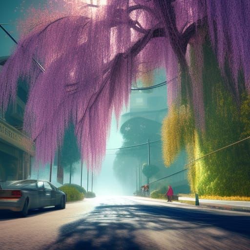 Weeping Willow in Street: Detailed Fantasy Art