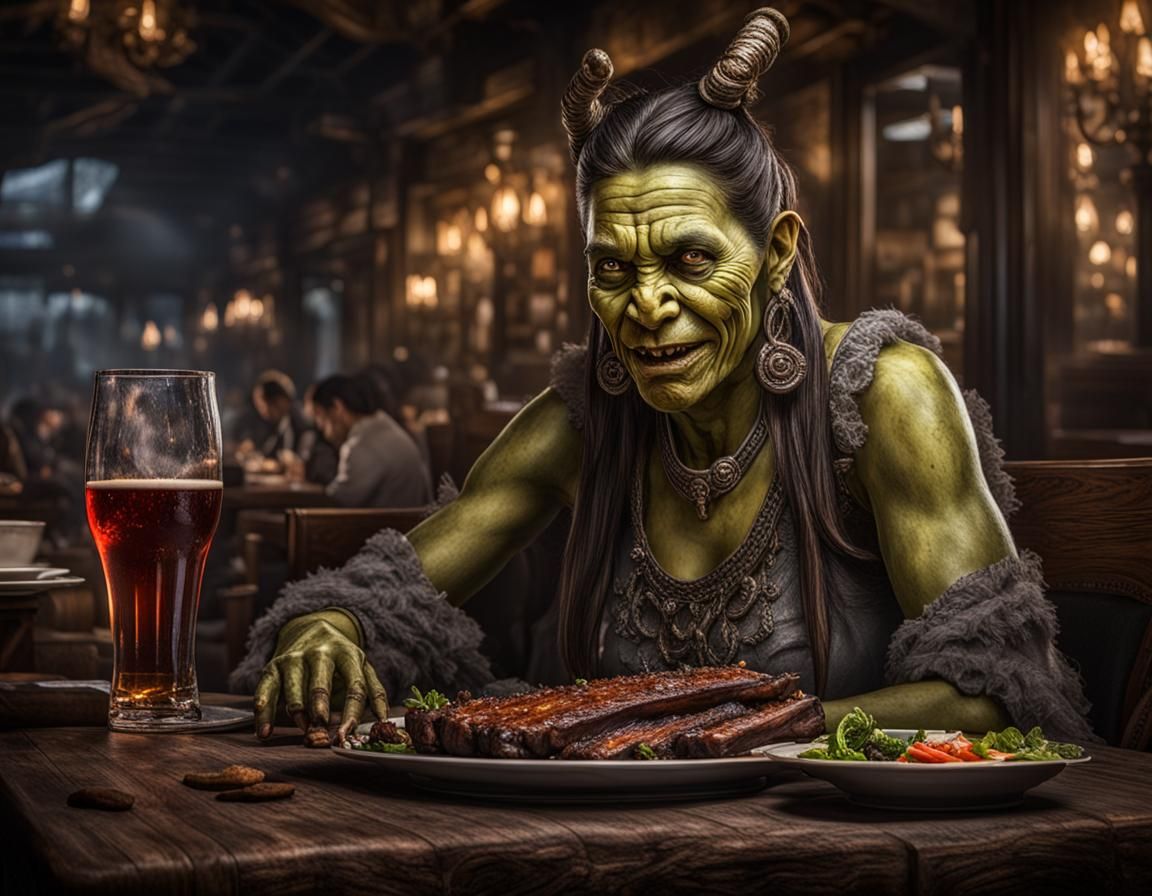 Pleased Orc Woman with Giant Roasted Ribs