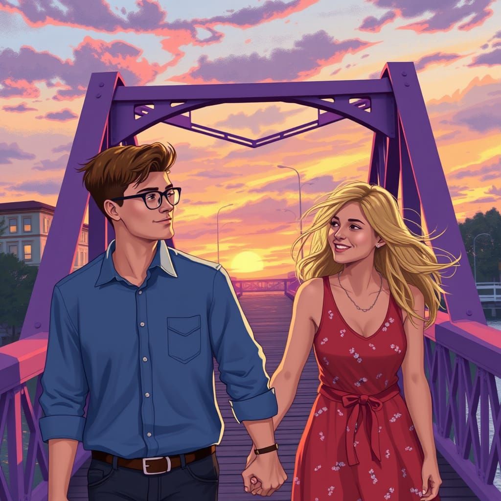 Couple Walking on Purple People Bridge in Whimsical Sunset