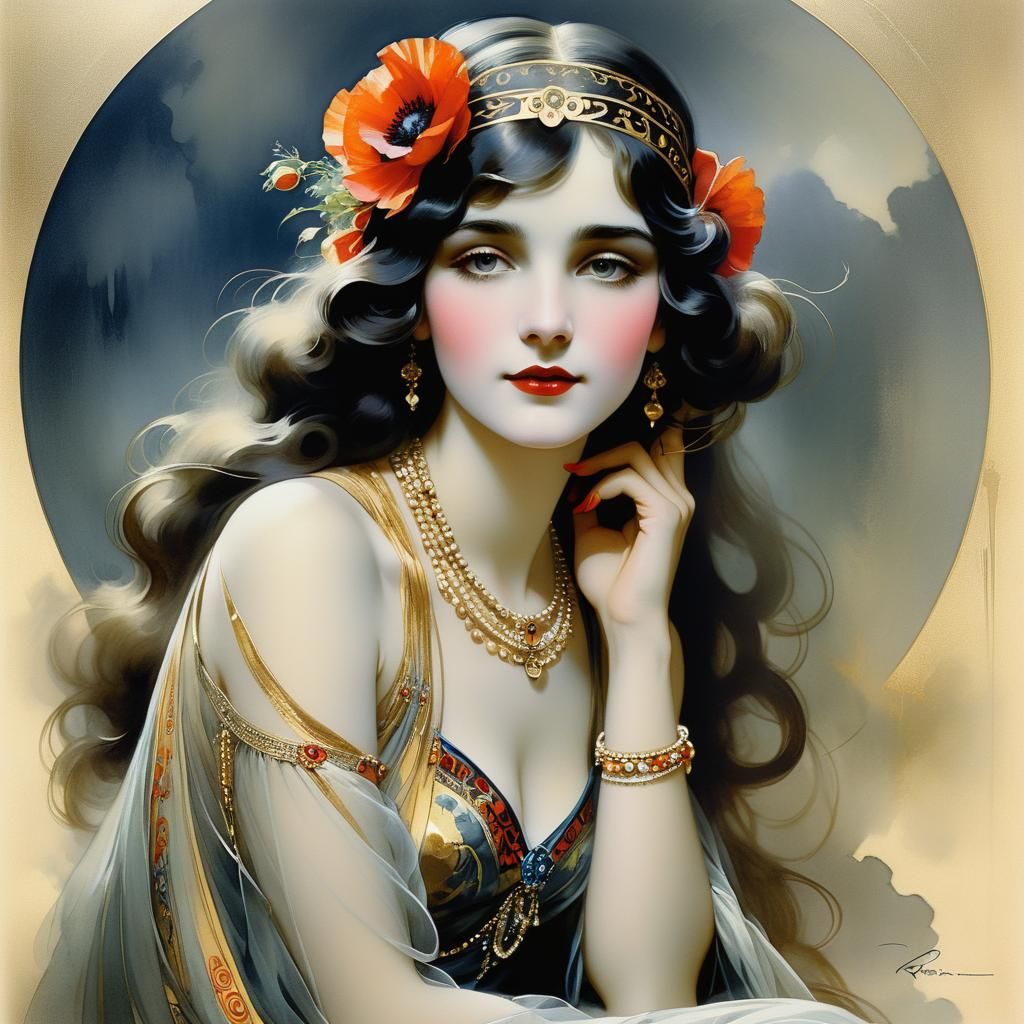 Ethereal Princess Ozma in Art Nouveau Gouache Portrait