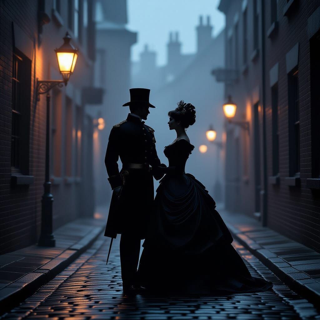 Victorian Couple in Foggy London Alleyway