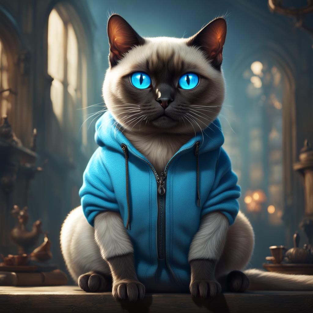 Blue-Eyed Siamese Cat in Blue Sweatshirt