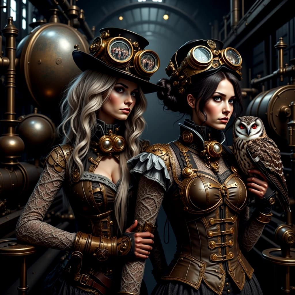 Steampunk Portrait: Woman with Owl and Vintage Goggles