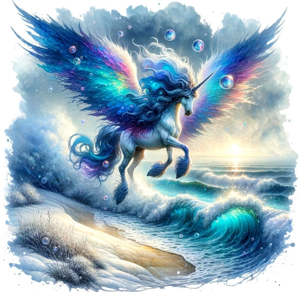 Watercolor Unicorn Lands on Morning Waves