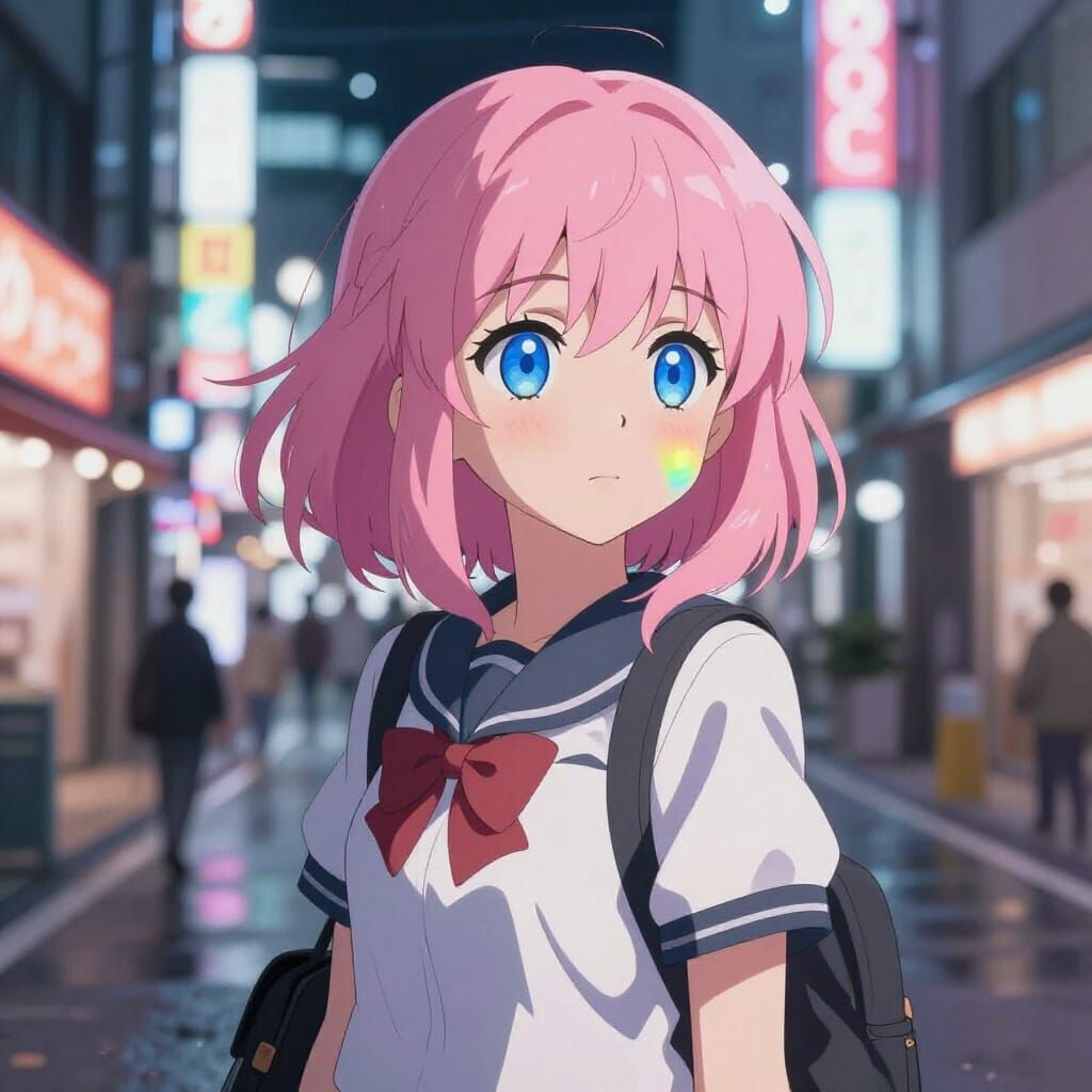 Anime Girl in Neon Tokyo Street at Night
