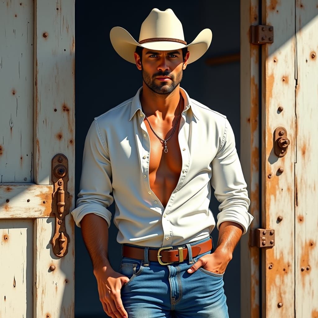 Sensual Cowboy Portrait in Detailed Watercolor Style