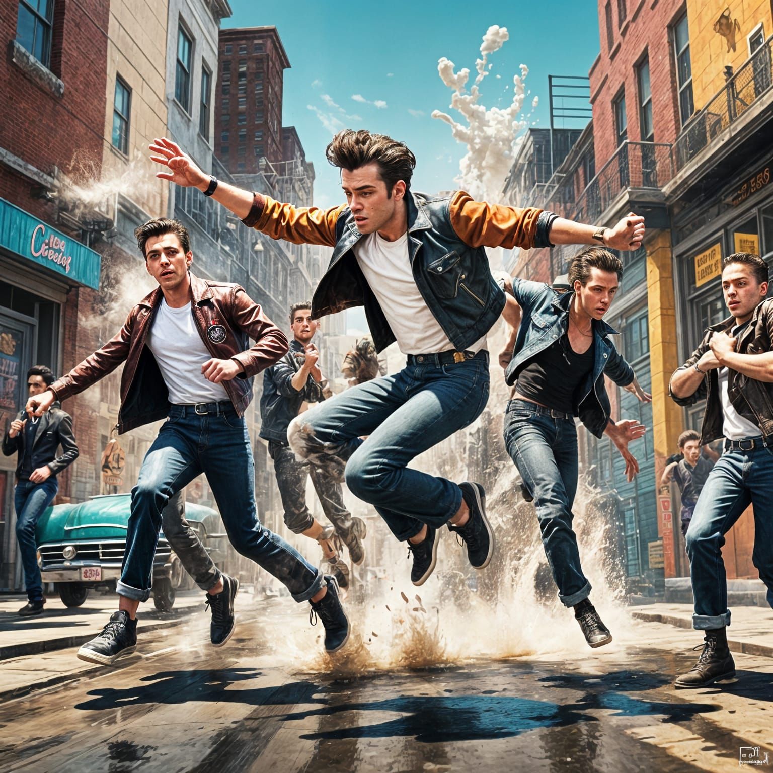 Hyperrealistic Broadway Greasers in Vibrant Splash Art