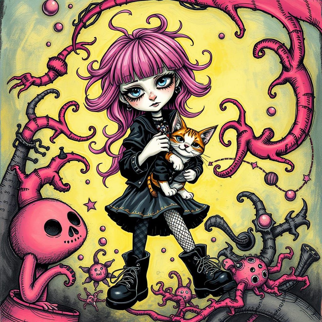 Emo-Goth Girl with Three-Legged Cat, Whimsical Art