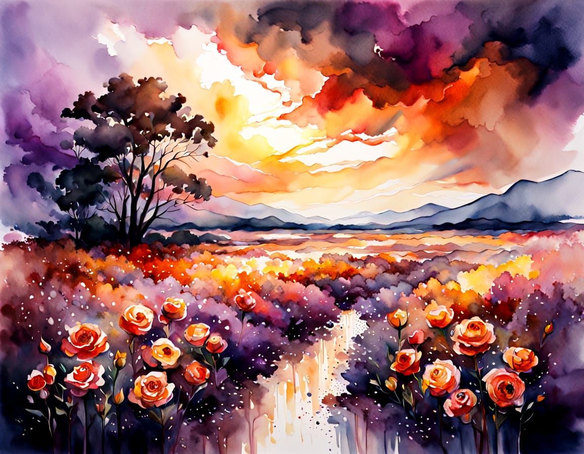 Turbulent Watercolor Landscape with Dramatic Stormy Sky