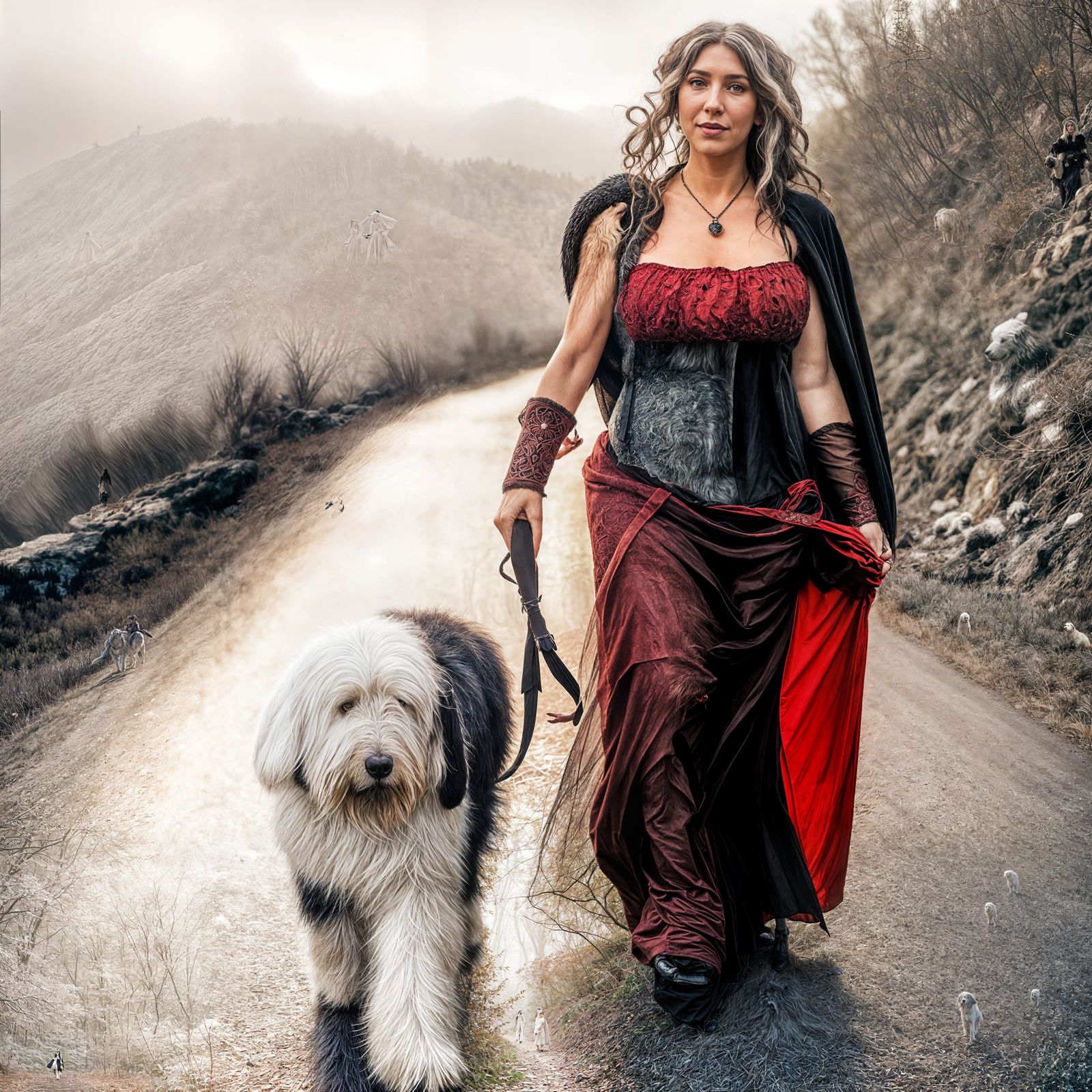 Gothic Celtic Goddess Morrighan Walks Foggy Mountain Trail w...