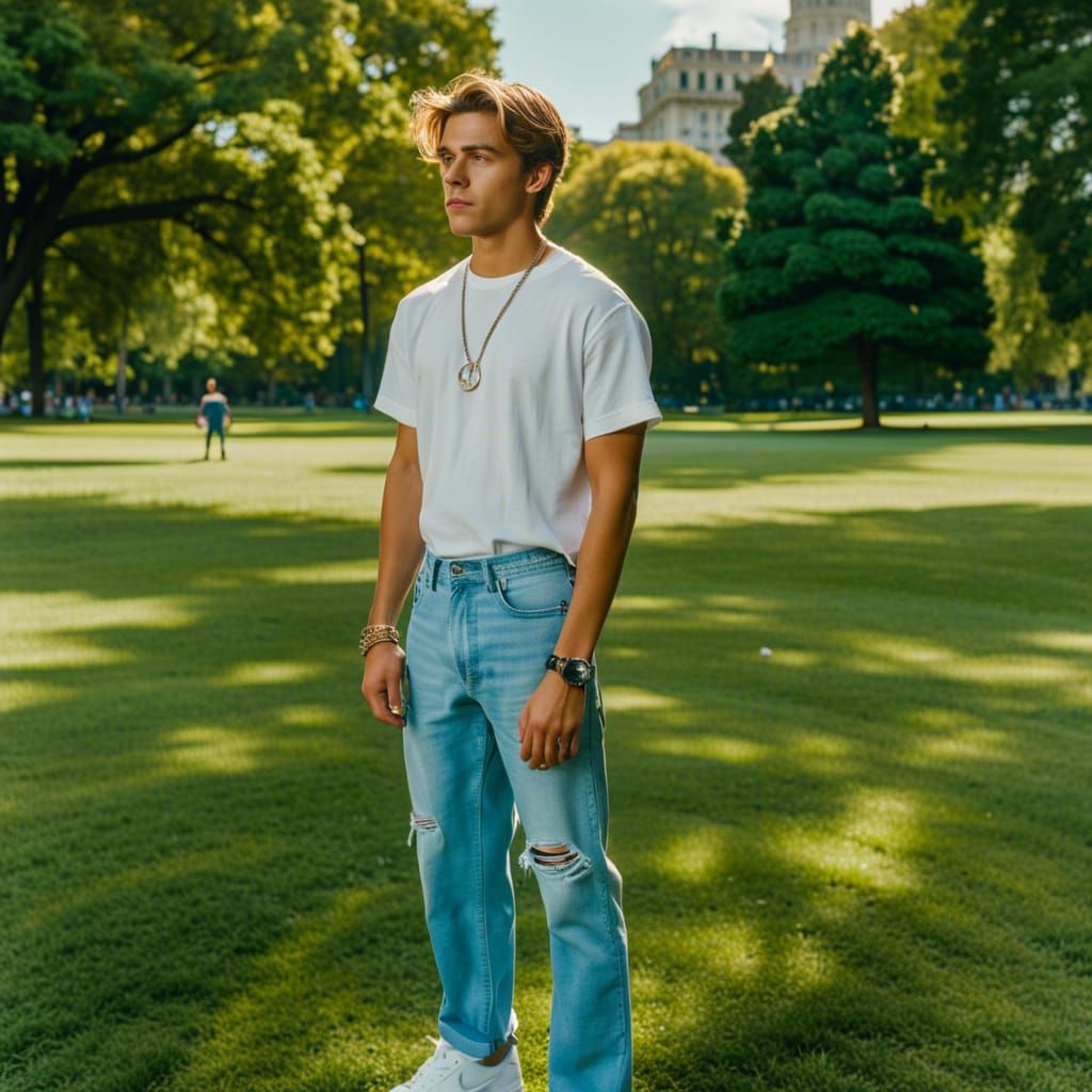 Shirtless Man in City Park, Wide Angle View