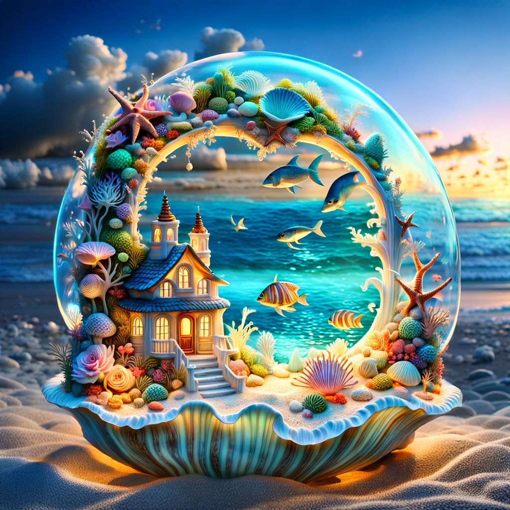 Electroluminescent Fairytale Beach Scene in Conch Shell