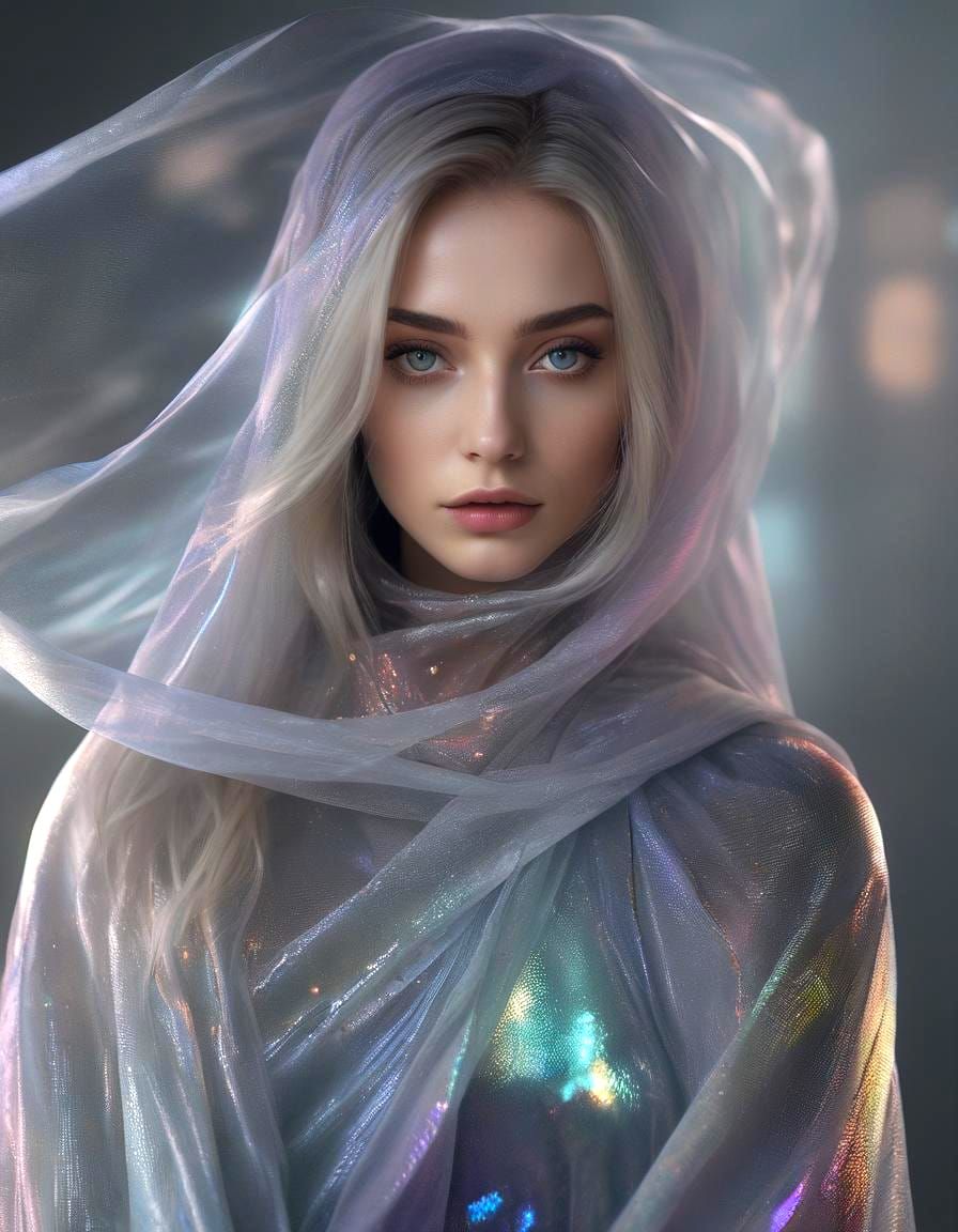 Woman in Translucent Holographic Fabric