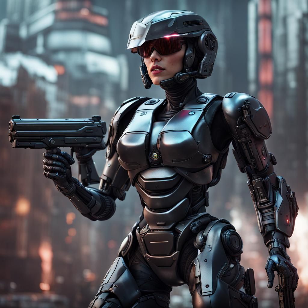 Female RoboCop in Detailed Matte Painting Style