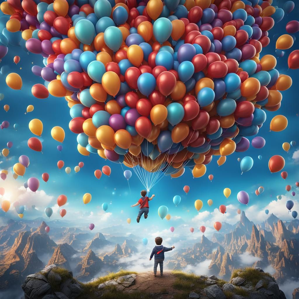 Child Ascends to Sky with Balloons: Fantasy Art