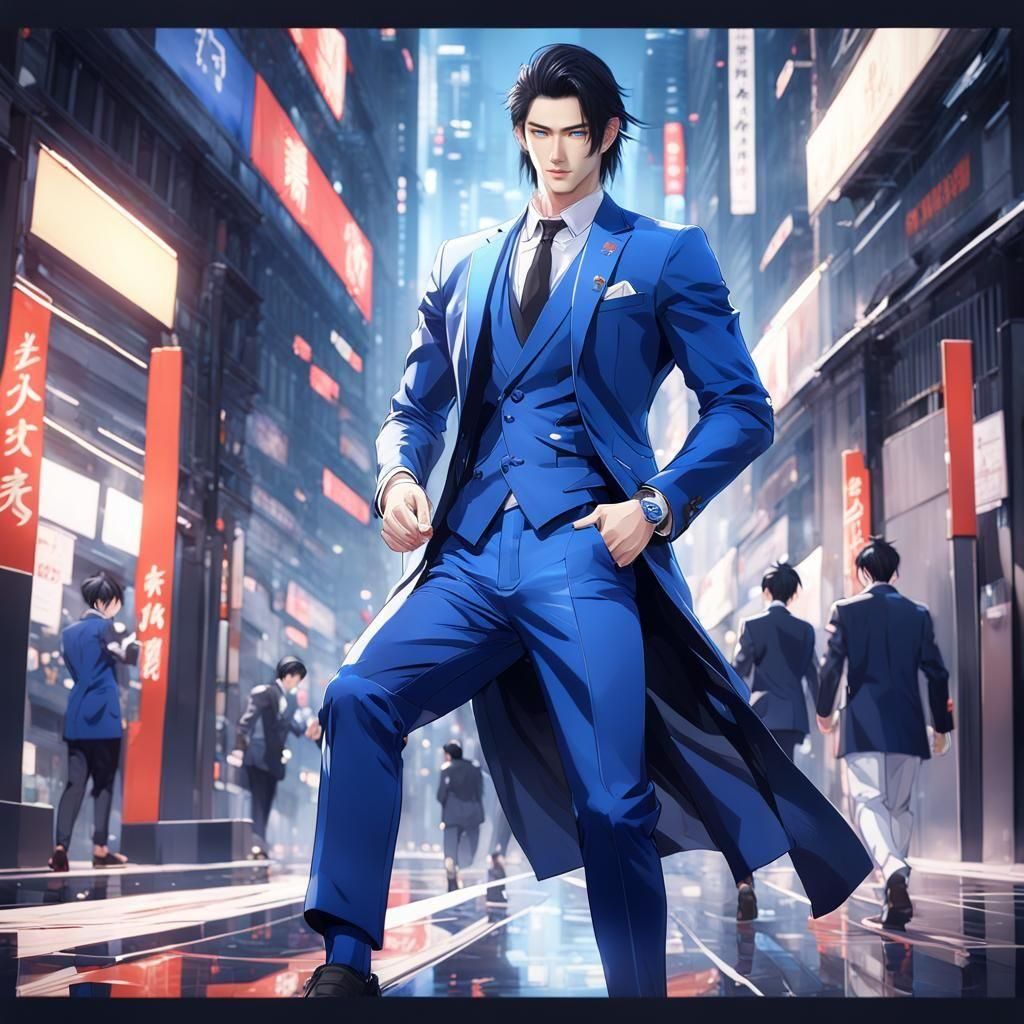 Handsome Asian Man in Blue Suit: 3D Anime Art