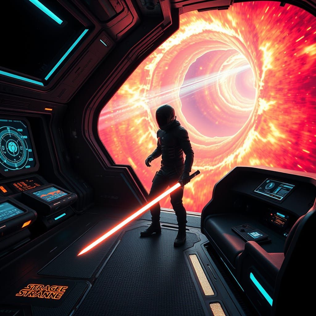 Mysterious Space Traveler Wields Glowing Energy Sword on Sta...