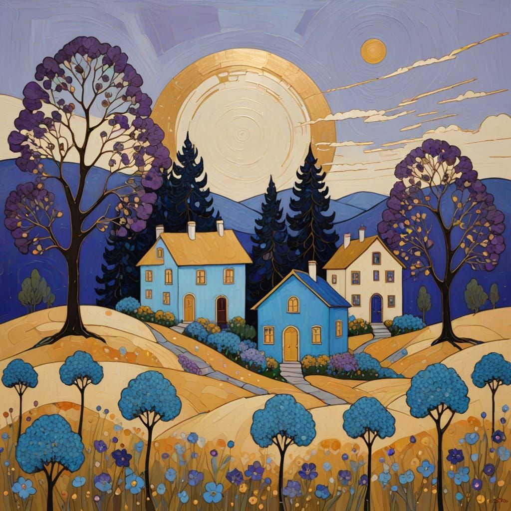 Blue House on Golden Hill, Klimt-Inspired Abstract