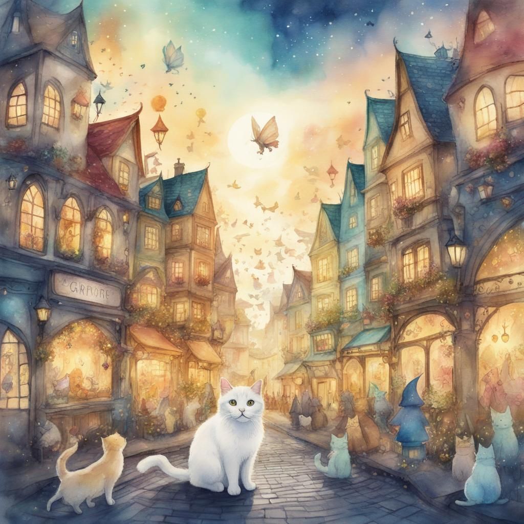 Magic Cat in Fantasy City: Watercolor Illustration