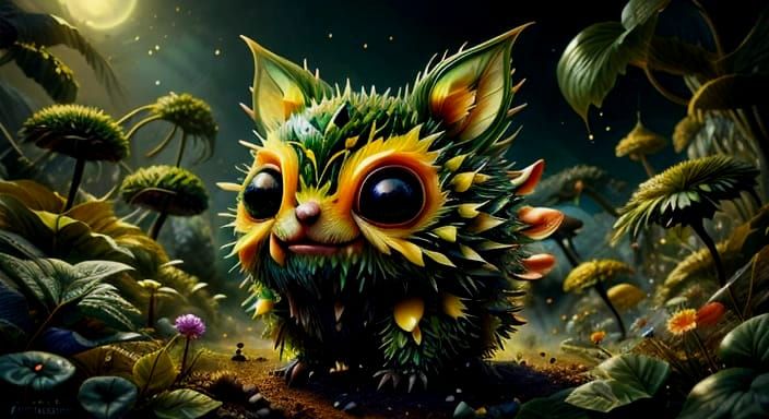 Surreal Forest Creatures in Neon Yellow Botanical Style
