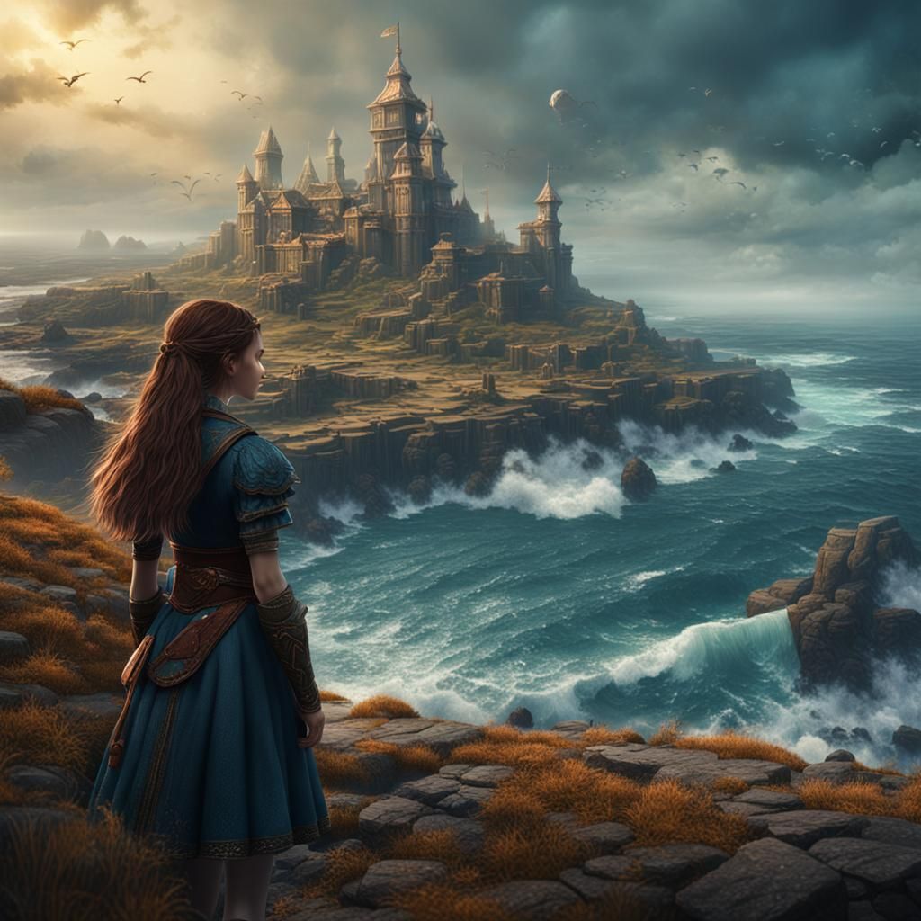 Girl Stares at Sea: Detailed Matte Painting
