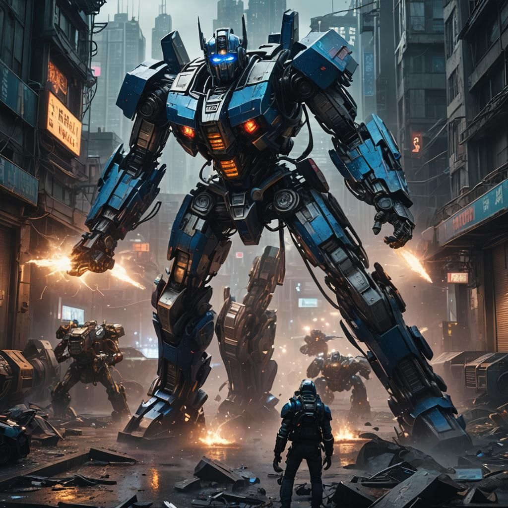 Transformers Clash in Cyberpunk Cityscape