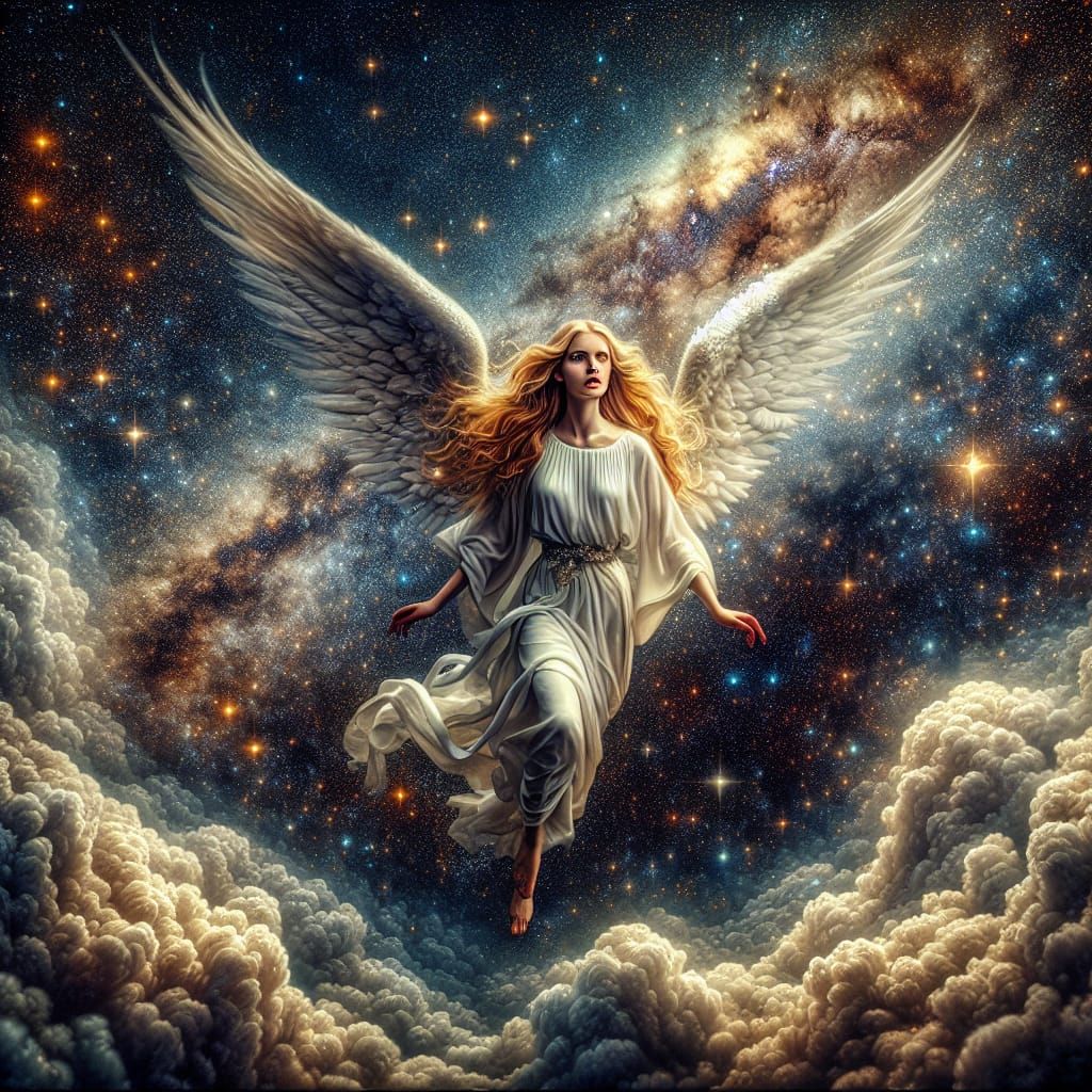 Blonde Angel Ascending into Starry Sky
