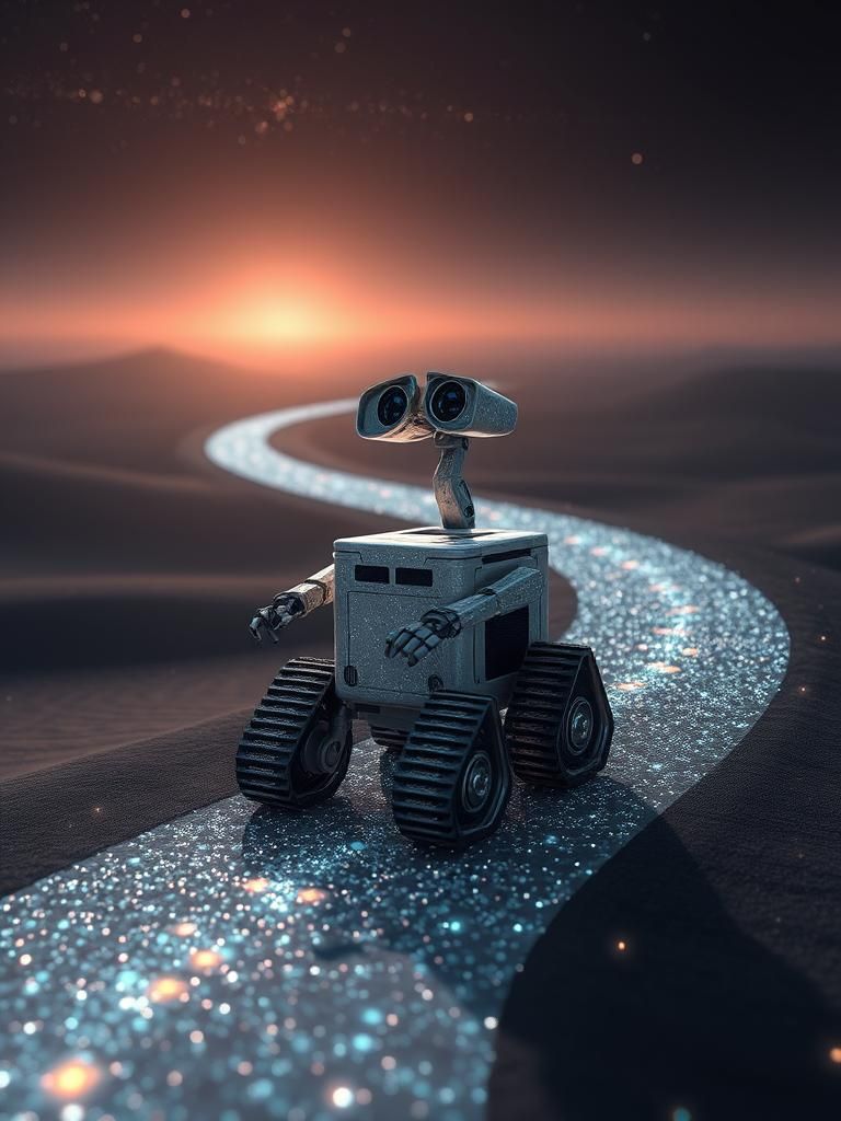 Iridescent Wall-E Drives Through Starry Landscape