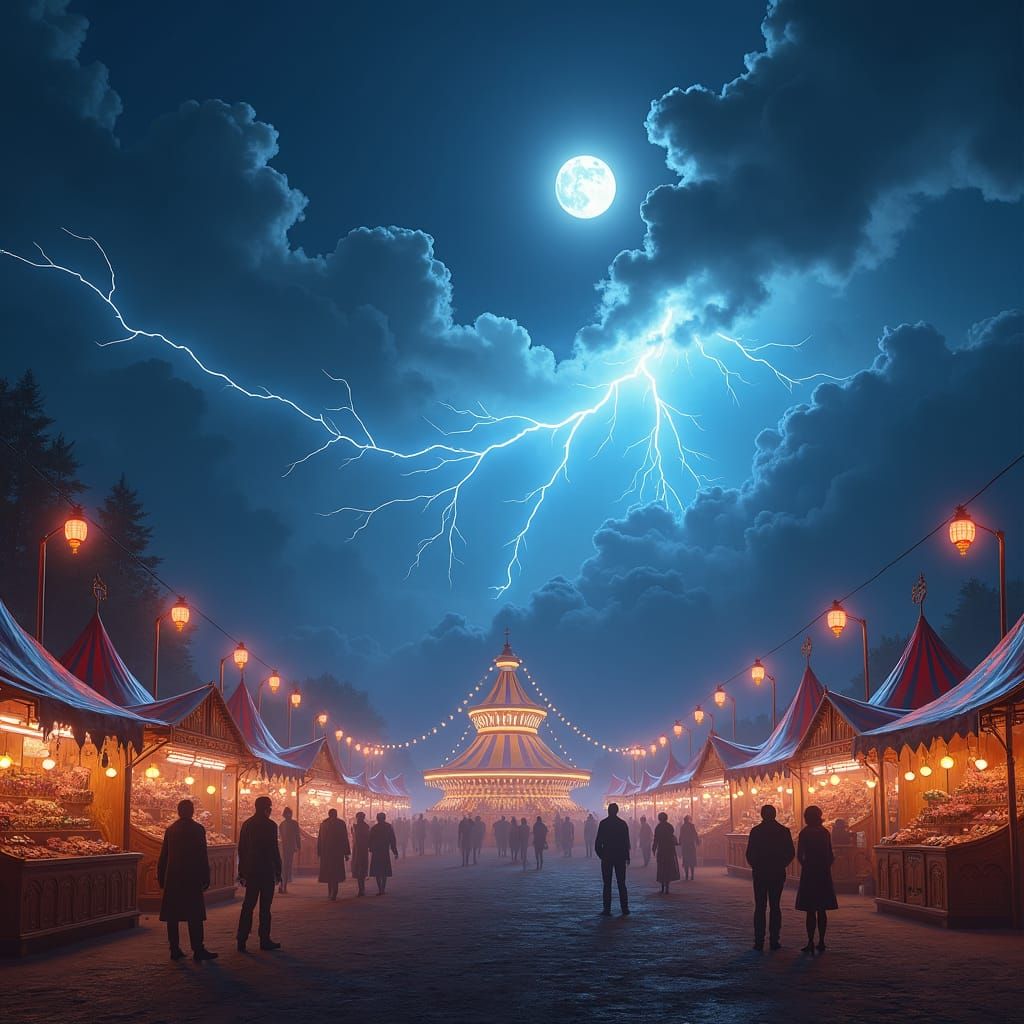 Fairground Under Lightning Sky: Matte Painting Style