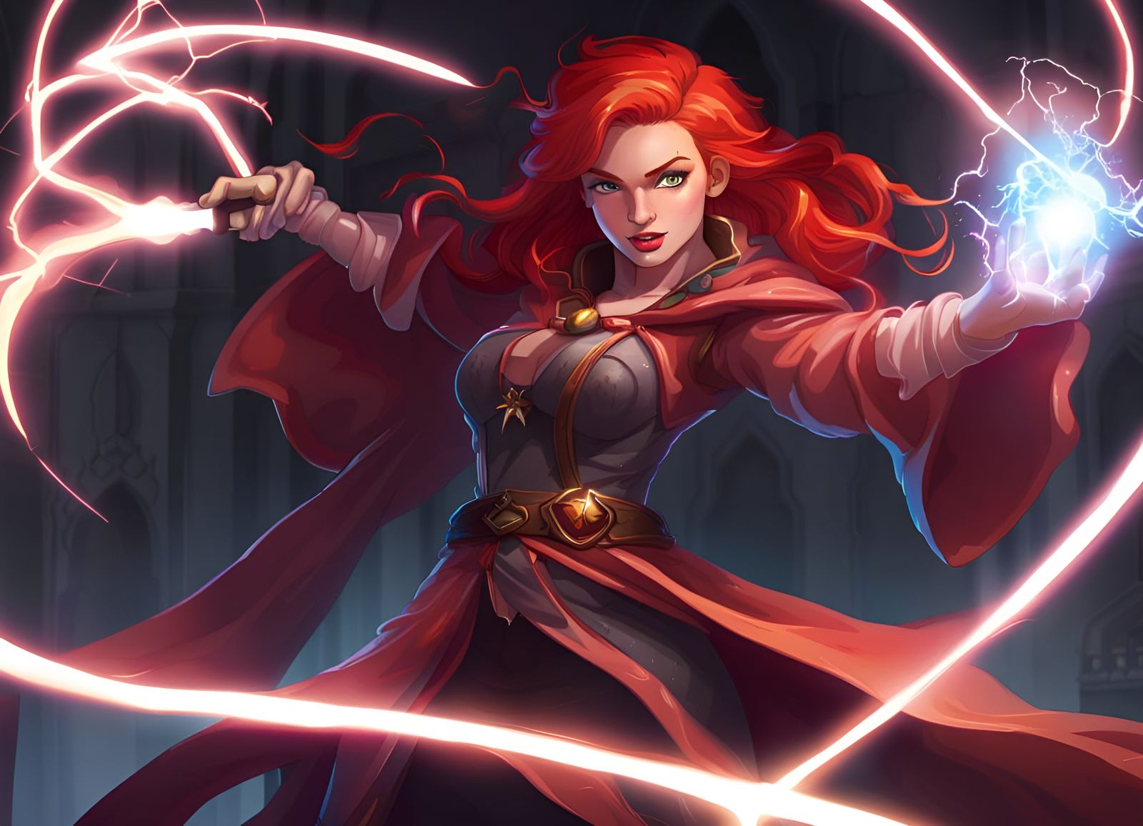 Red-Haired Sorceress Conjuring Electricity with Wand