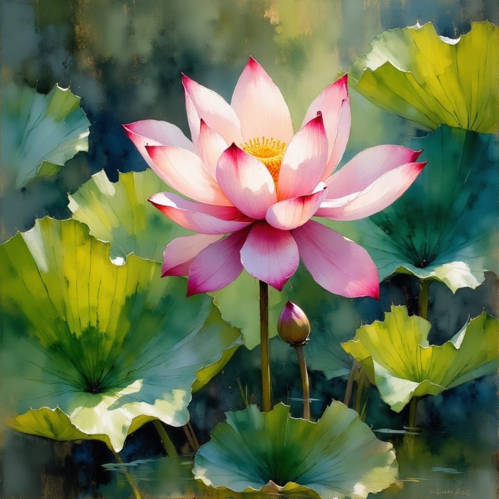 Impressionist Lotus Bloom in Serene Pond