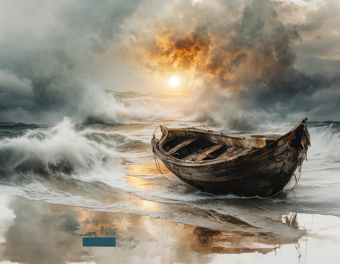 Weathered Wooden Boat on Sandy Beach at Sunset