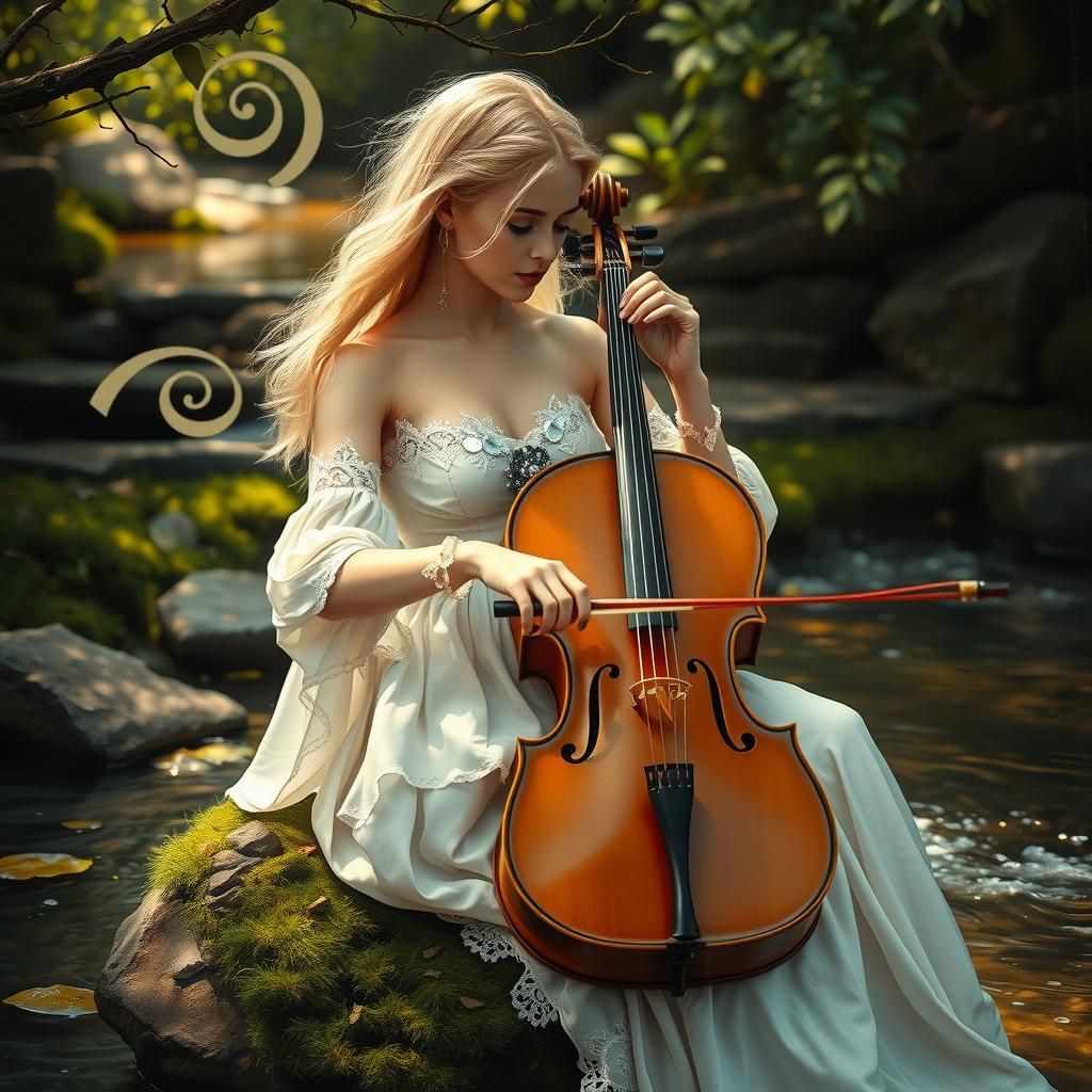 Ethereal Waif Plays Cello in Dreamlike Landscape