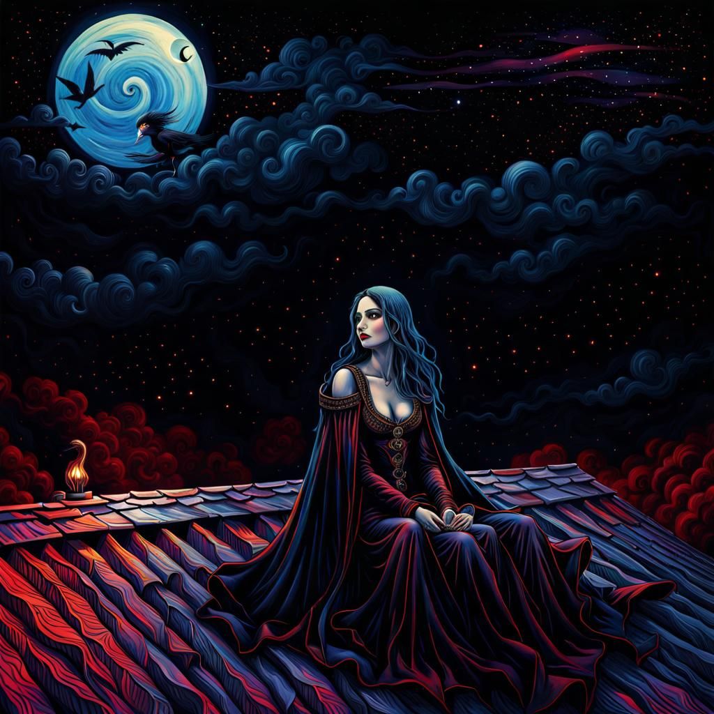 Gothic Angel Vampire Witch on Rooftop in Surreal Style