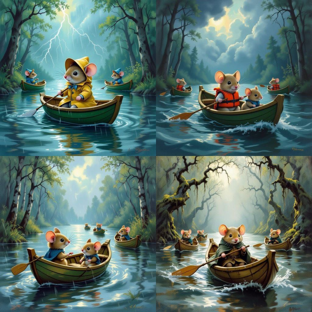 Mice Sailing Leaf Boats Through Stormy Forest