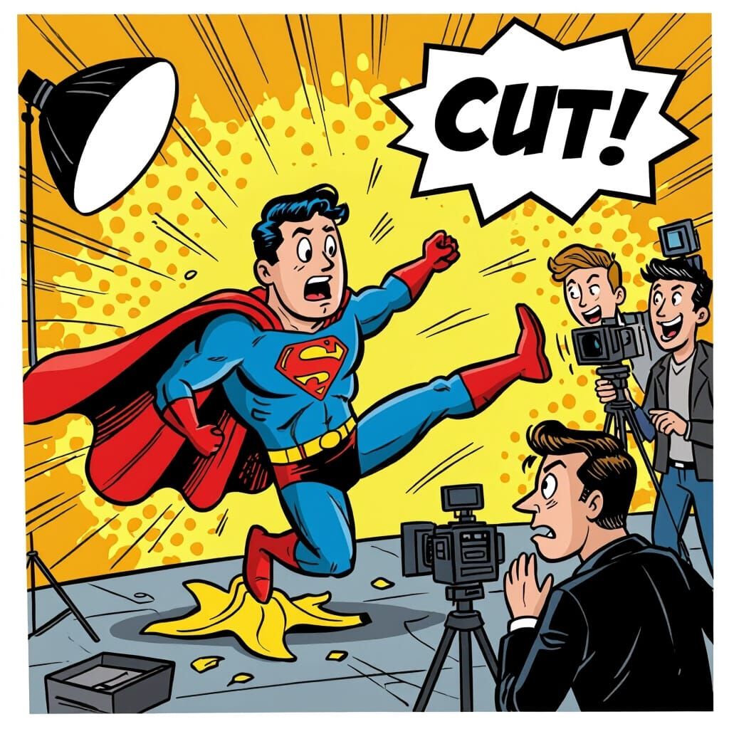 Clumsy Superhero Blooper Scene in Comic Style