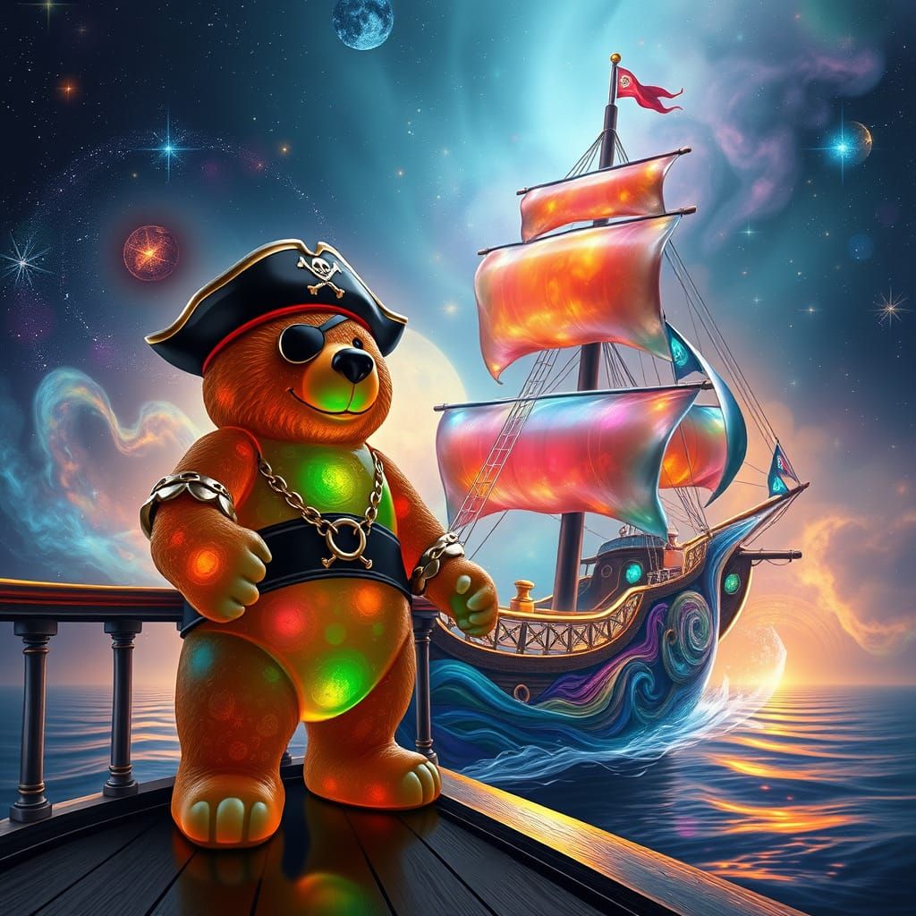 Gummy Bear Pirate Captain on Spectral Ship in Nebula