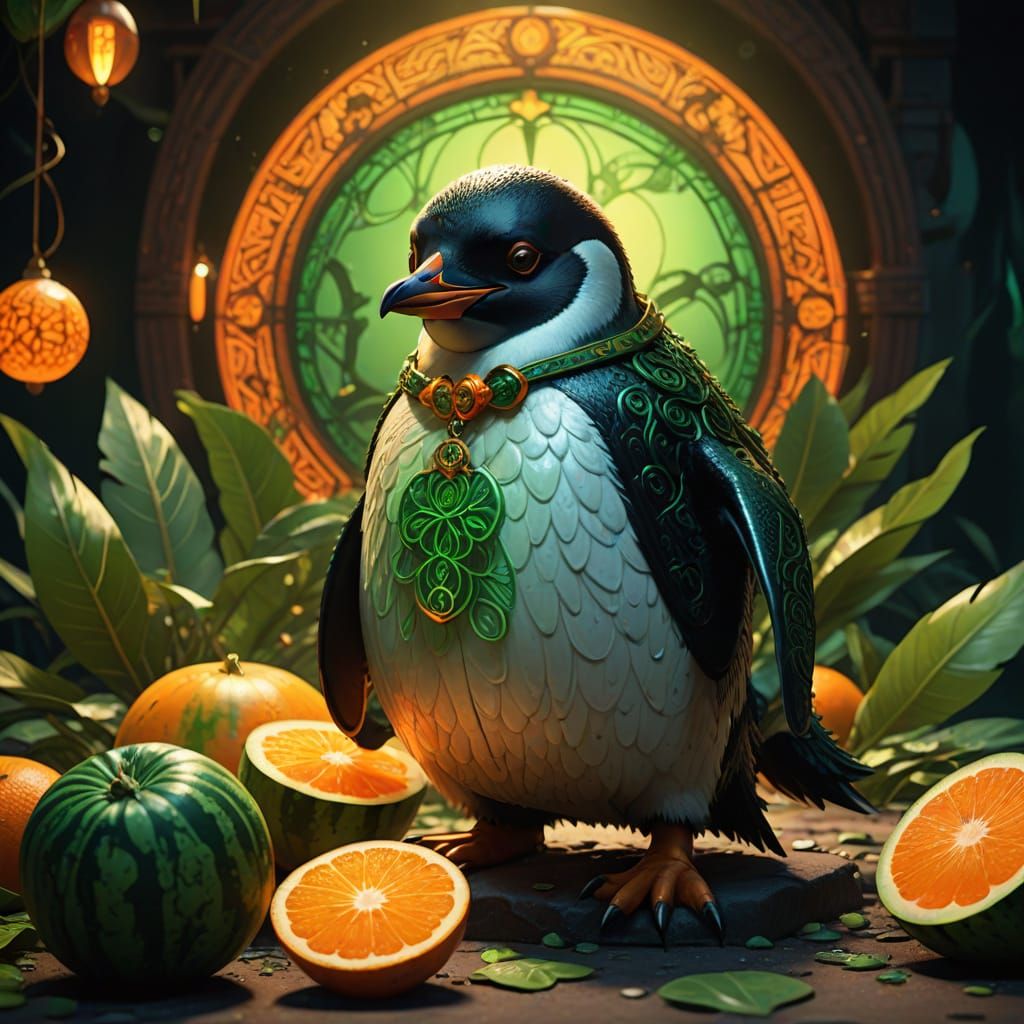 Vibrant Penguin in Korean Fantasy Landscape