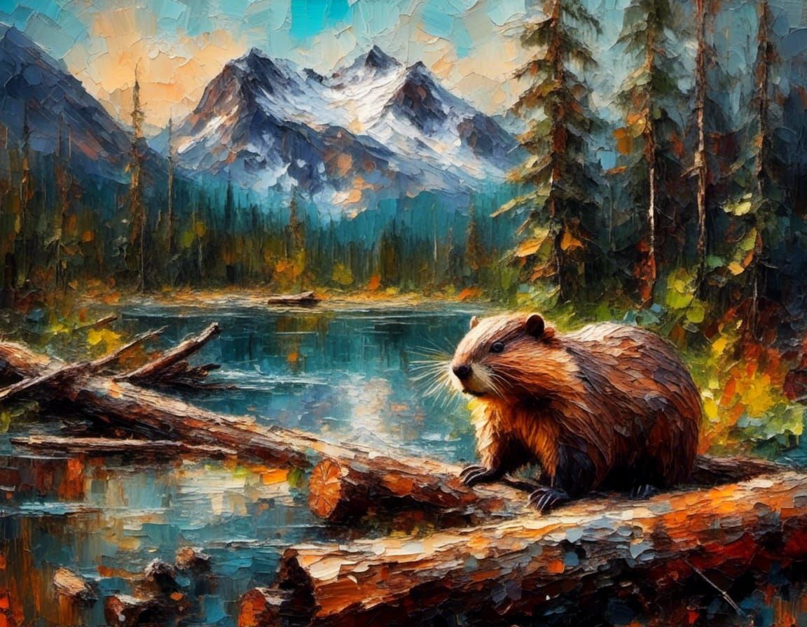 Canadian Beaver Building Dam as Impasto Oil Painting