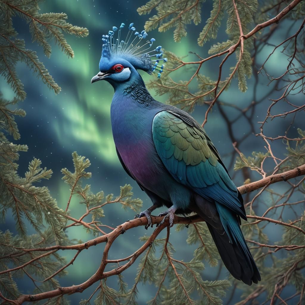 Blue Crowned Pigeon Made of Northern Lights