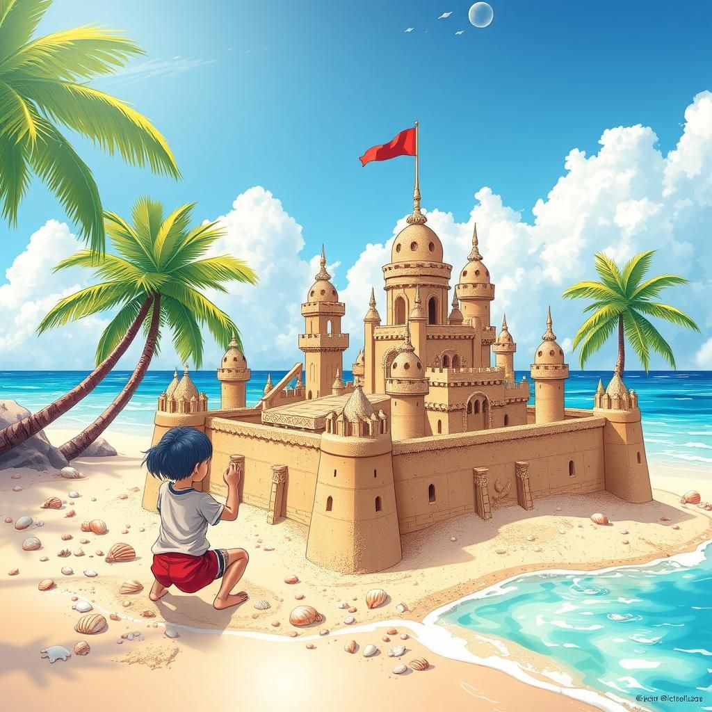 Children Build Sandcastle on Tropical Beach, Anime Style