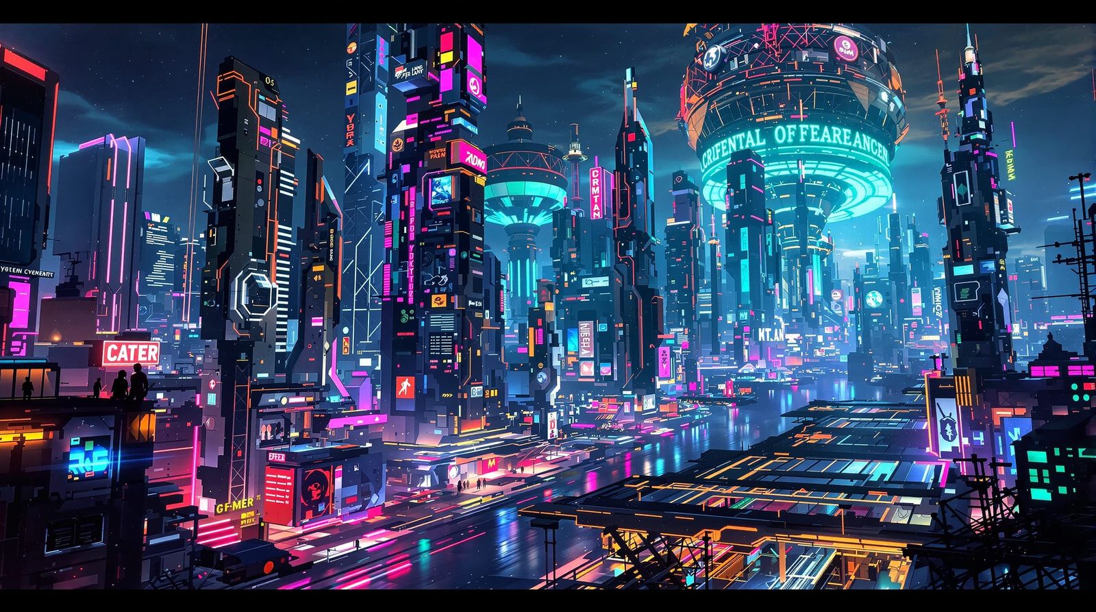 Neon Cyberpunk Cityscape Art in Dystopian Style