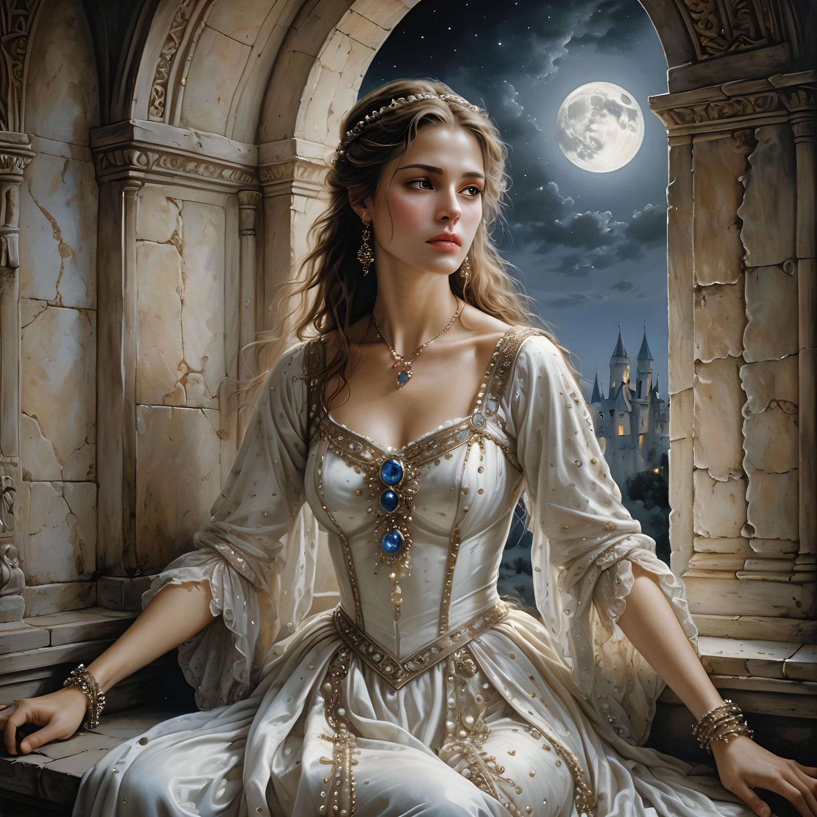 Medieval Woman Gazing at Moon: Hyperrealistic Painting