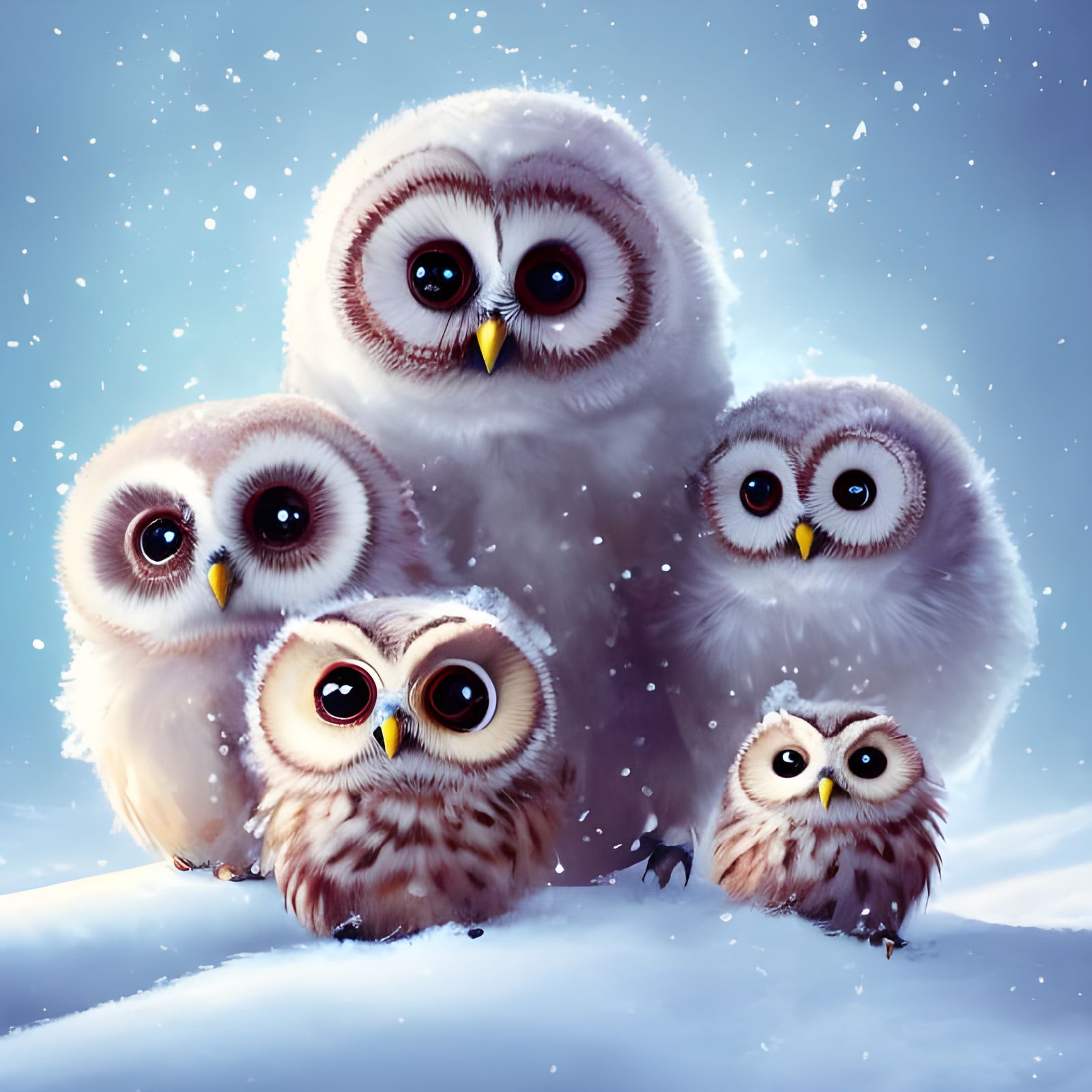 Adorable Owl Family Portrait in Winter Snow