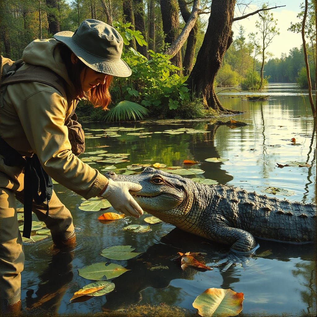 Person Pets Alligator in Lush Swamp, Oil Painting Style