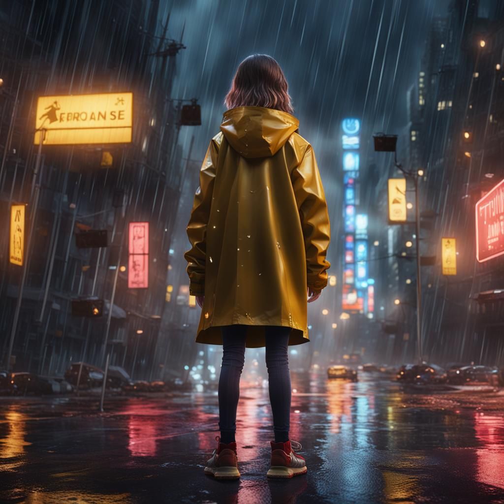 Rainy Night City: Girl in Reflective Raincoat