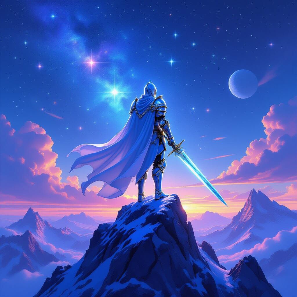 Ethereal Knight in Celestial Armor on Crystal Mountain