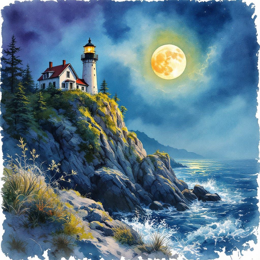 Iridescent Lighthouse Under Blood Moon Watercolor