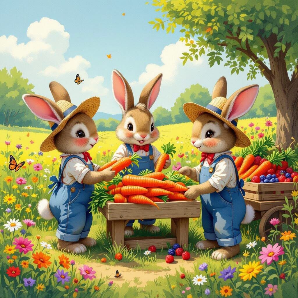 Cheerful Rabbit Family at Farmstand in Storybook Style